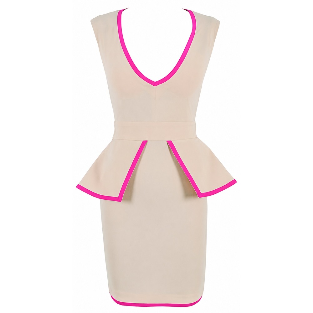 NWT House of CB Celeb Boutique Rochelle Dress L Peplum Ivory Pink Short Crepe